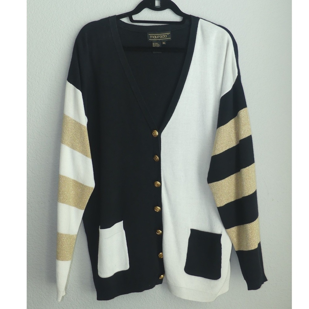 Maurada Womens XL Colorblock Cardigan Black White Gold Metallic Stripe Vintage